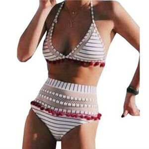 BRAND NEW KIAN D LOS UPAIRC 2PCS HATER NECK STRIPE BIKINI PADDED SWIMSUITS